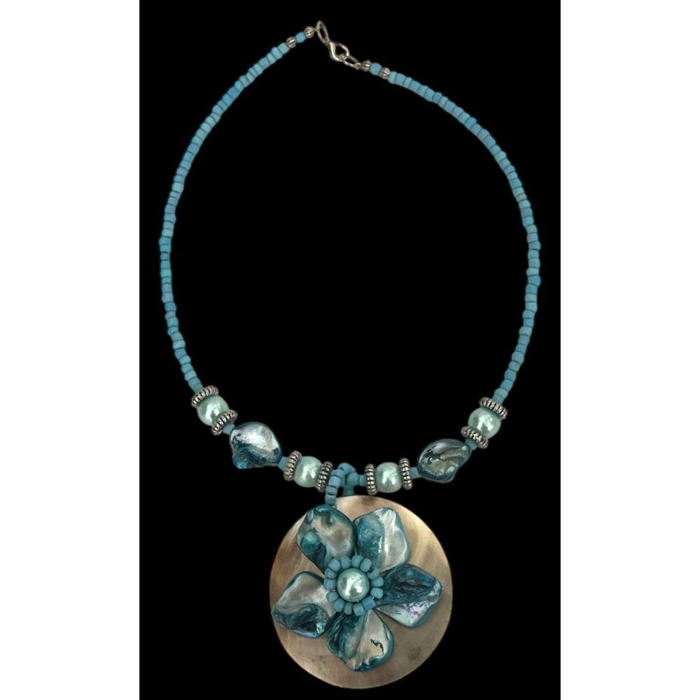 Blue Turquoise Pansy Flower SIlver Choker Necklace Beads‎ Magnetic